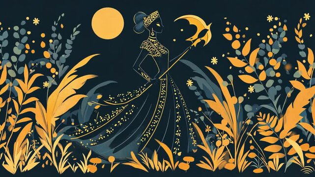 An elegant silhouette of a woman in floral surroundings at night.