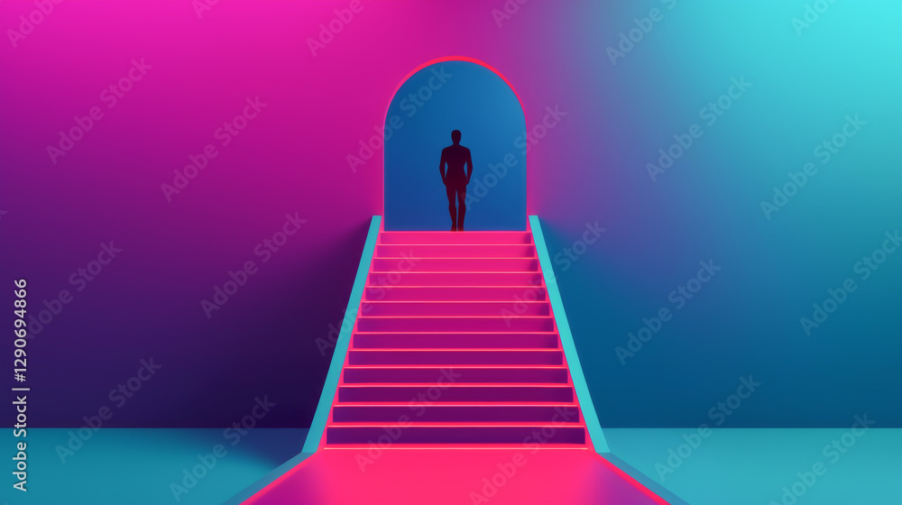 Poster a captivating scene of a figure standing before colorful illuminated stairs.