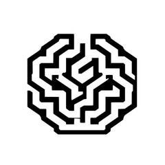 Cerebral Maze: A stylized black and white depiction of a brain-shaped labyrinth, set against a white background. The image evokes complexity, intelligence, and the human intellect.
