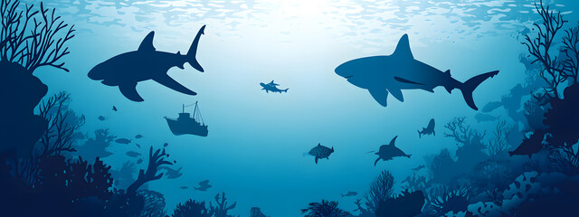 Obraz premium A vector illustration of silhouettes of sea creatures swimming in the ocean, including sharks and turtles 