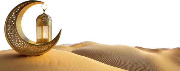 Golden Crescent Moon with Intricate Lantern in Desert Sand Dunes