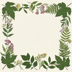 Fototapeta premium Botanical Floral Border Illustration with Green Leaves and Pink Flowers on Cream Background for Invitations or Scrapbooking