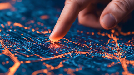 A close-up of a finger interacting with a digital city map displaying data points.