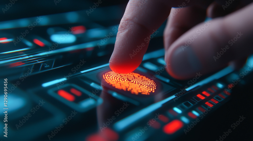 Poster a close-up of a hand using futuristic digital technology with a glowing fingerprint scanner.