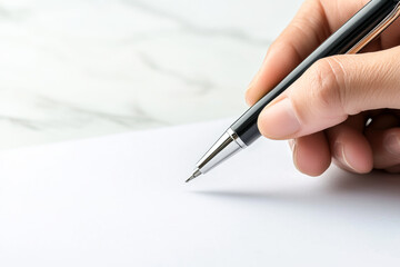 A close-up of a hand holding a pen above a blank paper for creative ideas.