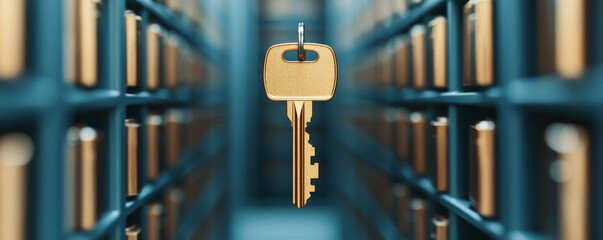A close-up of a key hanging in a modern storage environment.