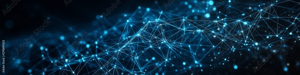 Poster abstract blue network structure of connected dots and lines on dark background with light effects