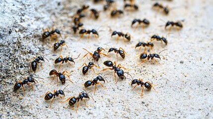 Close up of a Colony of Black Ants Crawling on Light Colored Surface
