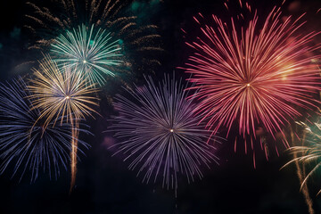 Spectacular Fireworks Display Captured in Stunning Detail Illuminating the Night Sky with Vibrant Colors. Generative Ai