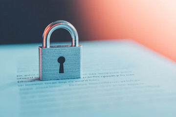 Fototapeta premium A close-up of a silver padlock on a document, symbolizing security and protection.