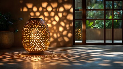 Obraz premium beautifully crafted brass lantern with intricate arabesque patterns, glowing softly in a darkened space