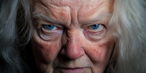 Close Up Portrait of an Elderly Man with Intense Blue Eyes and Wrinkled Skin