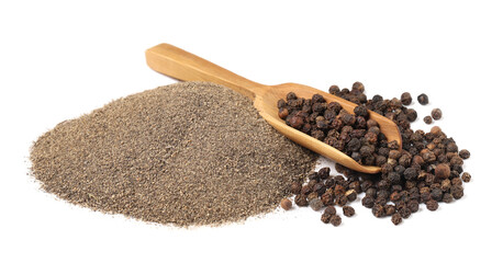 Heap of black pepper powder and wooden scoop with peppercorns on white background