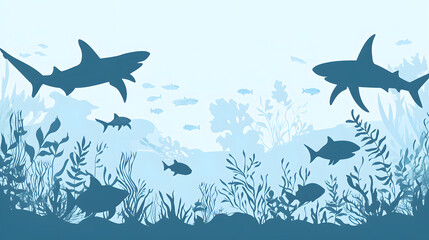 Obraz premium A vector illustration of silhouettes of sea creatures swimming in the ocean, including sharks and turtles 