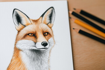 Obraz premium A detailed drawing of a fox with colored pencils on a wooden table.
