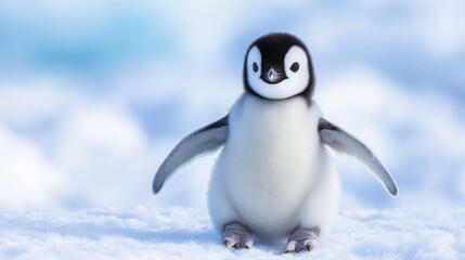 Obraz premium Adorable baby penguin waddling on the snow with a soft icy blue background