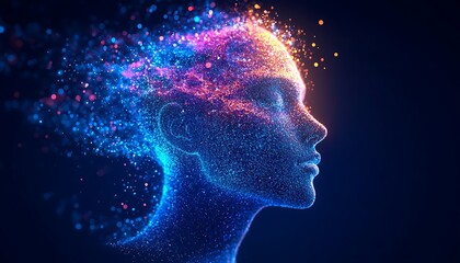 Obraz premium Woman's head, particles, mind, energy, dark background, concept art