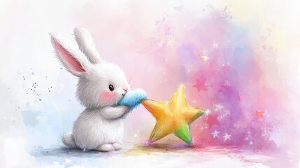 cute cartoon fluffy hare washes a big star with a colored rag children book illustration in watercolor style Generative Ai