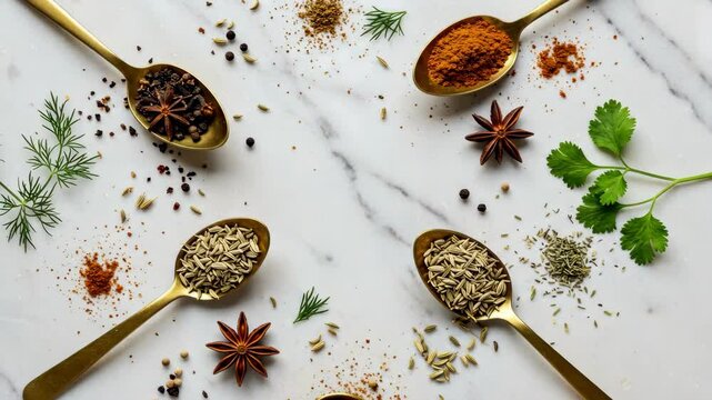 An artistic arrangement of spices and herbs on a marble surface