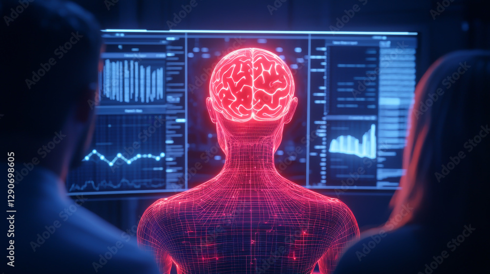 Poster a digital representation of a human brain, highlighting neural connections and data.