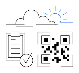 QR code beside a checklist with a checkmark, cloud, and sun line art. Ideal for task tracking, digital tools, workflow, analysis, productivity, technology concepts and abstract line flat metaphor