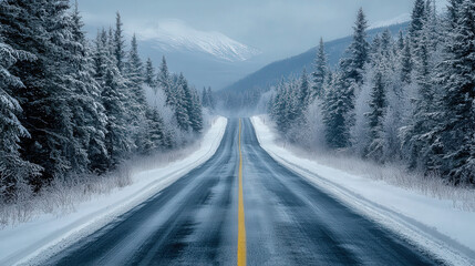 A snowy road in the Canadian wilderness, lined with tall pine trees covered in snow and ice, leading to distant mountains under an overcast sky