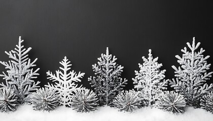 Festive Snowy Evergreen Trees and Snowflake Decorations on Black Background