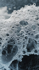 close up of textured surface featuring fine bubbles and foam, creating abstract and intriguing visual. delicate interplay of light and shadow enhances overall aesthetic