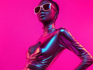 Fototapeta premium Model poses in vibrant outfit with striking sunglasses