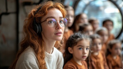 Fototapeta premium Young Redhead Woman with Headphones Listening Attentively to a Group of Children