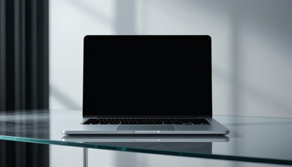 High-end modern laptop on reflective glass desk, minimalist setup with clean lines, soft light reflections, sleek professional workspace, contemporary office aesthetic, premium business technology