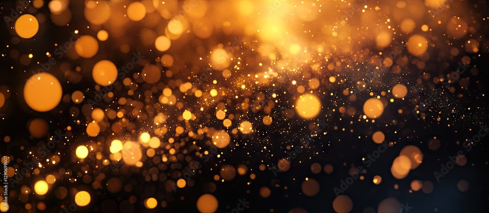Poster bokeh effect featuring shimmering orange and gold particles against a blurred dark background highli