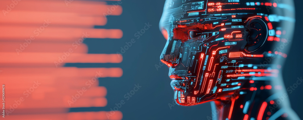 Poster a futuristic robotic head with glowing circuits and intricate digital patterns.