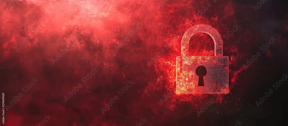 Poster digital lock symbol amidst a cosmic red and black backdrop representing cybersecurity and data prote