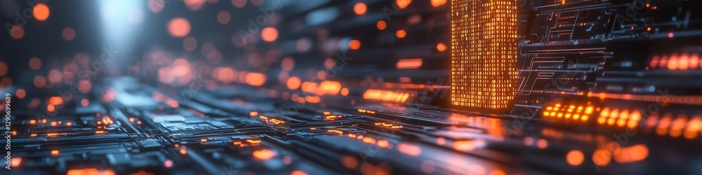 Poster glowing circuit board cityscape, futuristic digital technology background with code building