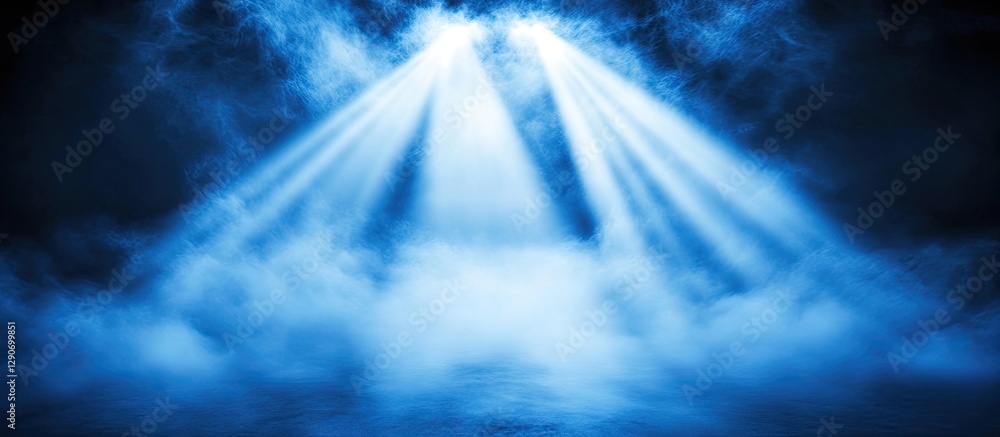 Poster misty blue light rays emerge from an illuminated source cutting through dense fog creating a captiva