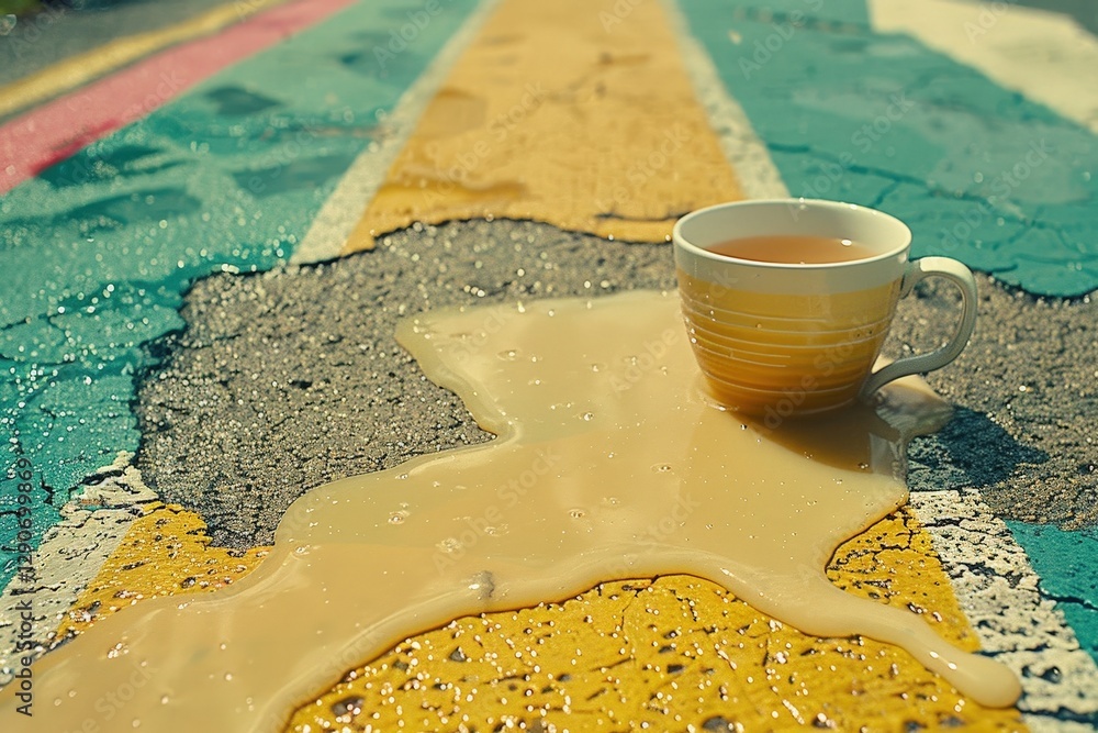 Poster a colorful abstract surface with a spilled cup of tea, creating a vibrant contrast between the liqui