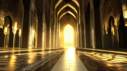 Majestic Golden Light Illuminating Grand Architectural Hallway