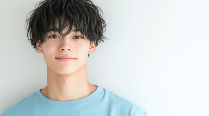 ウェーブヘアがトレンディな日本人10代男子のナチュラルポートレート | 青を基調としたスタイル