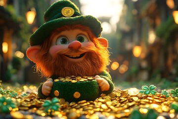 Cheerful Leprechaun in Green Attire Holding Pot of Gold Surrounded by Coins and Shamrocks in Magical Atmosphere