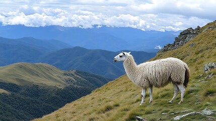 Fototapeta premium Majestic Llama on Mountaintop Breathtaking Alpine Landscape Fluffy Animal
