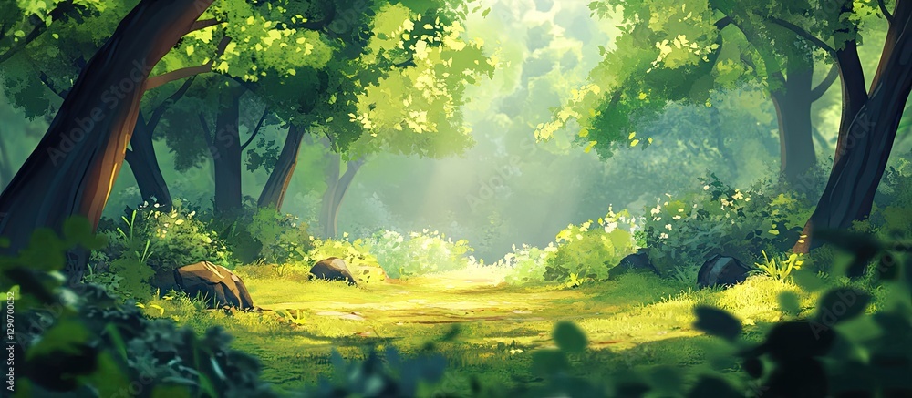 Aufkleber serene wooded landscape with vibrant green trees and soft sunlight filtering through creating a tran