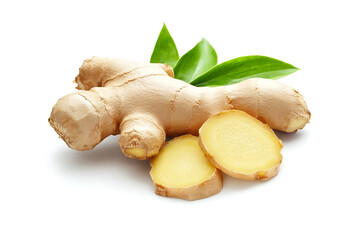 Fresh ginger root on white background for herb and medical product concept, Generative AI Illustration