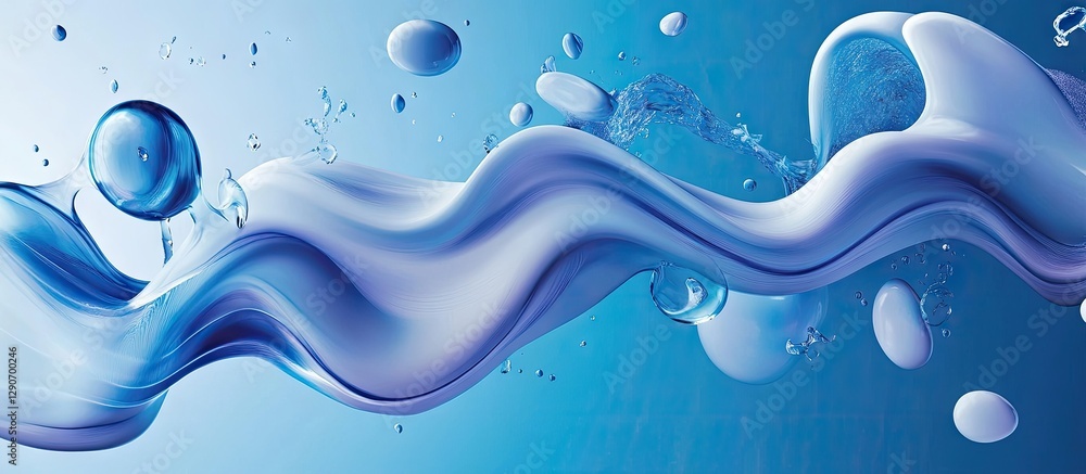 Poster abstract blue wave design featuring smooth fluid shapes with gradient transitions and bubbles, conve