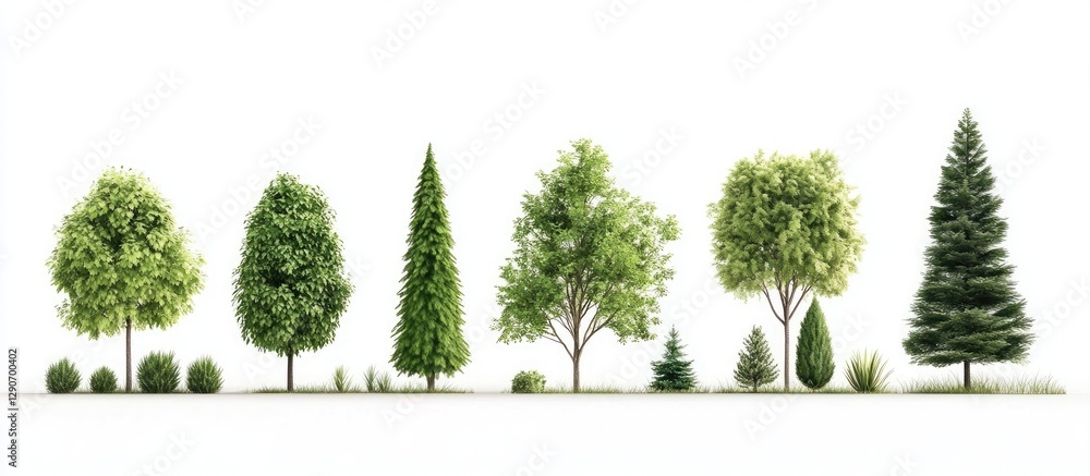 Poster various types of green trees and shrubs in different shapes and sizes lined up against a clean white