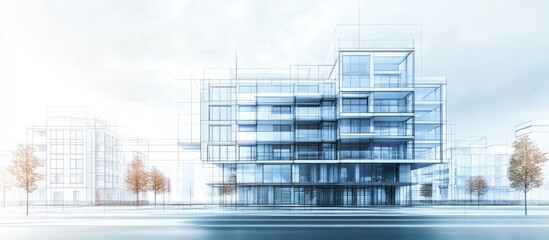 Detailed architectural blueprint of a modern urban residential building featuring transparent layers blueprints in cool tones with a minimalist design.