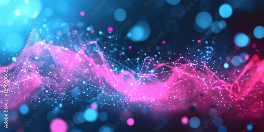 Poster abstract pink and blue glowing plexus wavy lines with network technological connections