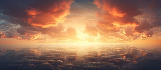 Fototapeta premium Majestic sunset over calm ocean waters with vibrant orange and red clouds reflecting on the surface, creating a serene and picturesque landscape.