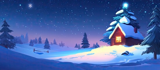 Fototapeta premium Cozy cottage illuminated by warm light surrounded by snow-covered trees and a starry night sky with soft blue and purple hues.