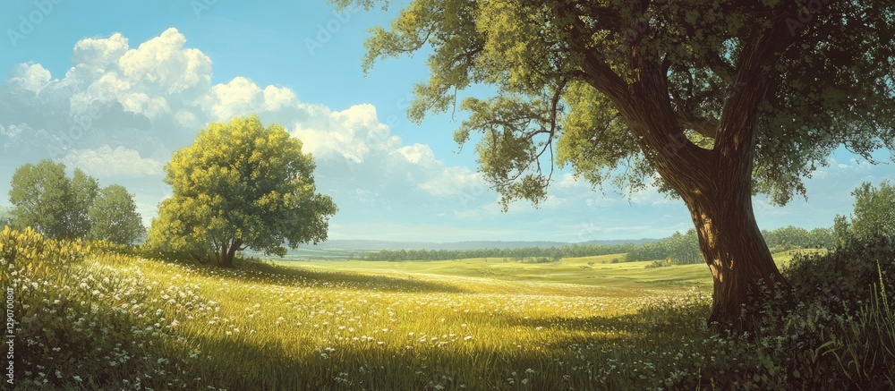Poster lush green countryside landscape with a large tree on the right and a smaller tree on the left under